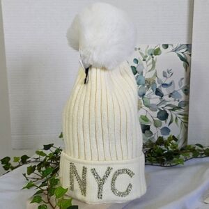 NYC Ivory Pom Pom Ribbed Knit Hat Fuzzy Lined